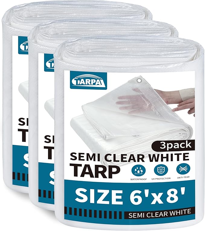 TARPAL 6'x8'（3pack） Semi Clear White Tarp Waterproof Green House Cover with Grommets 7.5mil Clear Poly tarps for Gardening,Farm, Garden,Chicken Coops，Outdoor