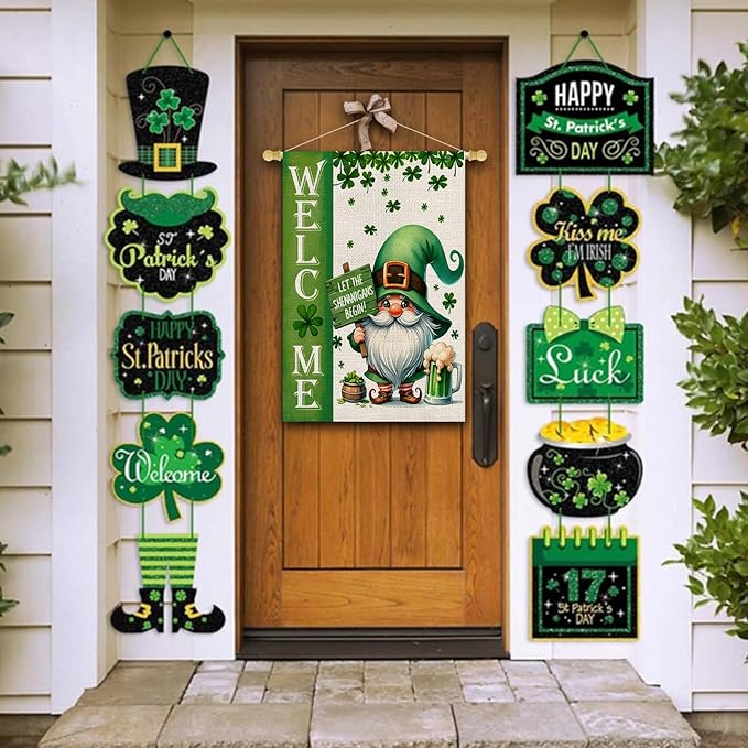 St Patricks Day Welcome House Flag 28x40 Inch Double Sided Gnome Lucky Shamrocks Clovers Large Outside Flag for Yard Outdoor Holiday Decoration