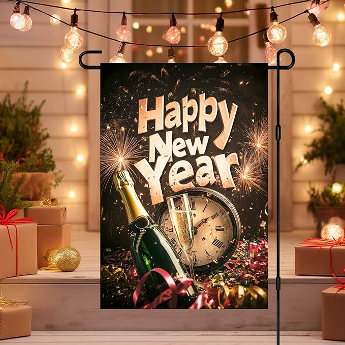 Happy New Year Garden Flag 12x18 Inch Countdown Clock Winter Holiday Yard Decor Seasonal Banner Outdoor Champagne Celebration Lawn Sign Double Sided Polyester For Girls or boys gifts