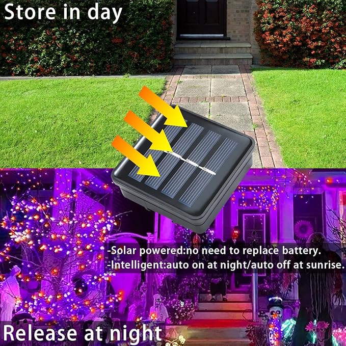 YAOZHOU Halloween Decorations Outdoor Lights, Solar String Lights Purple Orange IP67 Waterproof 2 Pack Total 200 LED 66FT 8 Modes Fairy Lights, Outside Fall Decor for Tree, Garden, Patio, Fence, Lawn