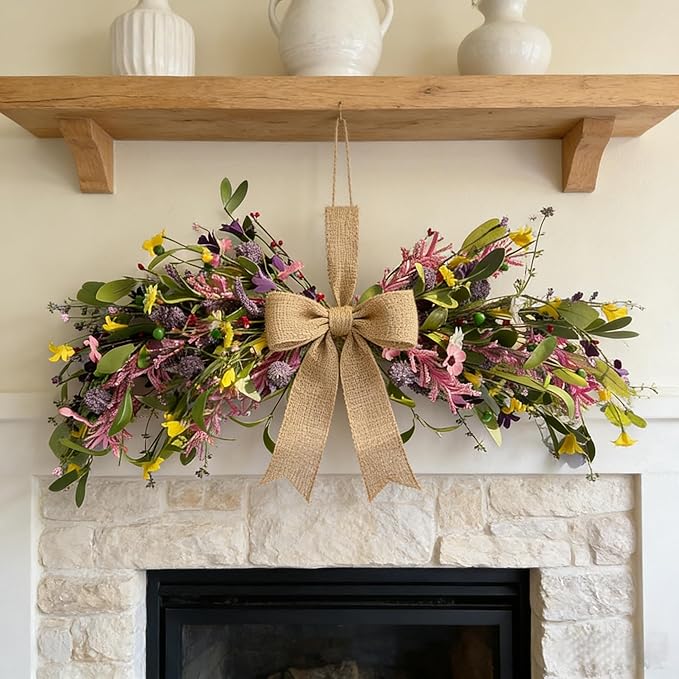 22'' Spring Floral Swag Wreath for Front Door Artificial Greenery Flower Teardrop Swag with Pink Yellow Daisy Wildflower Lavender for Farmhouse Kitchen Cabinet Porch Wall Window Wedding Arch