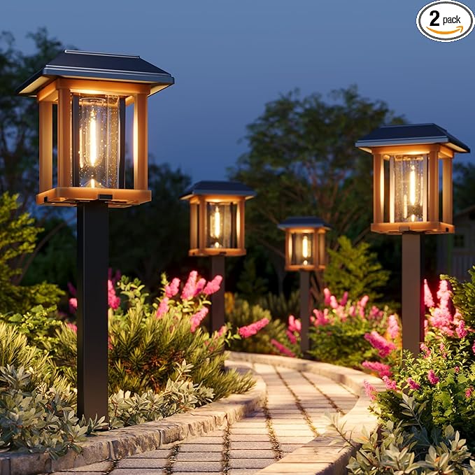 XMCOSY+ Solar Pathway Lights Outdoor Waterproof IP65 - Dual-Tone 25 LM LED Solar Garden Lights for Yard (Two-Tone Bronze & Wood Color, 2 Packs, Warm White)