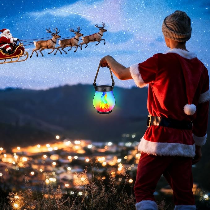 iBaycon 2 Pack Solar Lanterns Lights, Christmas Flickering Flame Garden Lights with 2 Modes Dual Charging USB & Solar, Outdoor Waterproof Hanging Lantern for Holiday Christmas Decor (Multicolor)