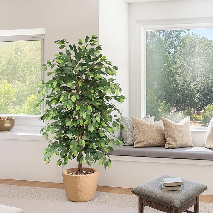 AQUGQ Ficus Tree Artificial 6ft, Tall Fake Tree with Realistic Leaves & Trunk, Artificial Tree for Home Office Living Room Decor Indoor Outdoor.
