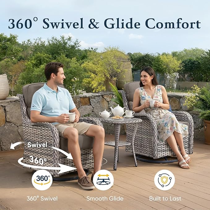 Belord Luxury 6" Thick Cushioned 6 Pieces Patio Furniture Set with Outdoor Couch, Wicker Outdoor Conversation Set with High Back Swivel Rocker Chairs for Deck Porch Yard and Poolside - Grey+Grey