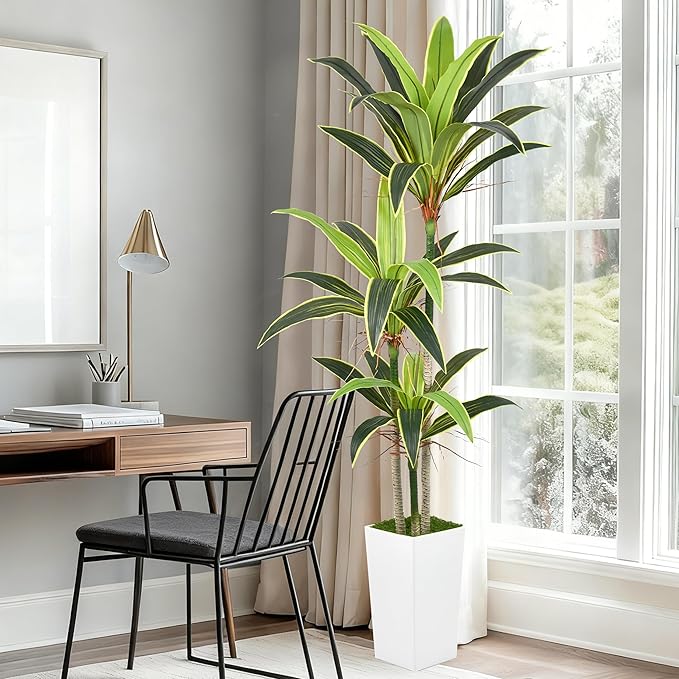 Aritificial Dracaena Tree 6FT Faux Floor Plant in Tall White Pot with Realistic Trunks and 46 Leaves Fake Tropical Yucca Plant for Home Office Decor Indoor Housewarming