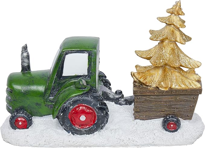 Alpine Corporation 7" Tall Holiday Green Tractor Pulling Gold Tree Statue with Warm White LED Lights, Christmas Decoration for Tabletop, Shelf, Mantel, or Entryway Display