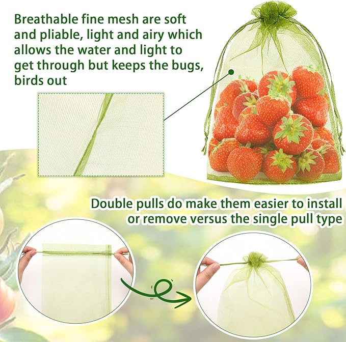 DECYOOL 120 PCS Fruit Protection Bags 6 x 8 inch, Green Fruit Bags for Fruit Trees Fruit Netting Cover Drawstring Mesh Bags Suit for Mangoes Tomatoes Fruit Trees Veggies Garden