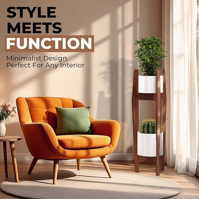 ROCCA 2-Tier Adjustable Width 8" to 12" Stackable Bamboo Tall Plant Stand Indoor, Corner Wood Plant Stand, Wooden Plants Holder, Plants Stands Indoor, Modern Pedestal Tables for Multiple Pots