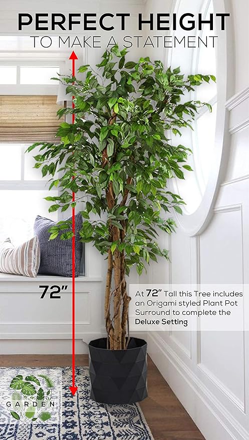 Deluxe 6 Feet Tall FICUS Silk Leaf Artificial Tree + 8" Base + 12" Plant Pot Skirt. 18 Feet of Vine Adorn Wide Real Trunks with Green Leaves + 12" Plant Base Skirt + Bonus USA Flag Style Pot Pant