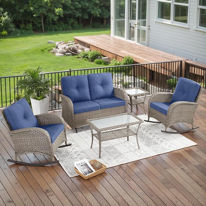 Belord 5 Piece Outdoor Conversation Patio Furniture Set - All-Weather Wicker Patio Rocking Chairs with Loveseat Glider Chair and Coffee Table for Patio Deck Porch Backyard Gray Wicker Blue Cushion