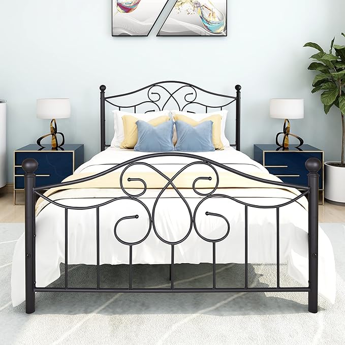 DUMEE Metal Platform Full Size Bed Frame with Vintage Headboard and Footboard Full Bed Frame Under Bed Storage No Box Spring Needed (Full/Double Size, Black)