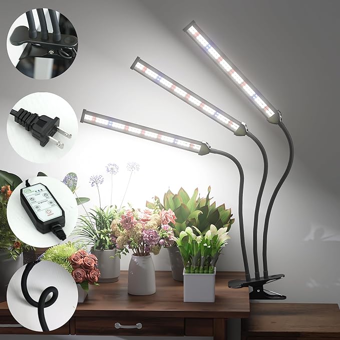 GooingTop Grow Light LED Gooseneck Lamp,Triple-Head Full Spectrum 222 LED Plant Lamp with Red Blue Light Clip-on Desk for Indoor Plants Growing, Auto Timer & Super Bright