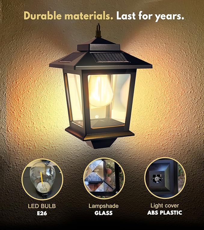 PASAMIC 2 Pack Solar Wall Lanterns with Replaceable Bulb, Outdoor Hanging Solar Lights with 4 Solar Panels, Dusk to Dawn Led Outdoor Wall Sconce, Anti-Rust Waterproof Wall Lanterns with Hooks