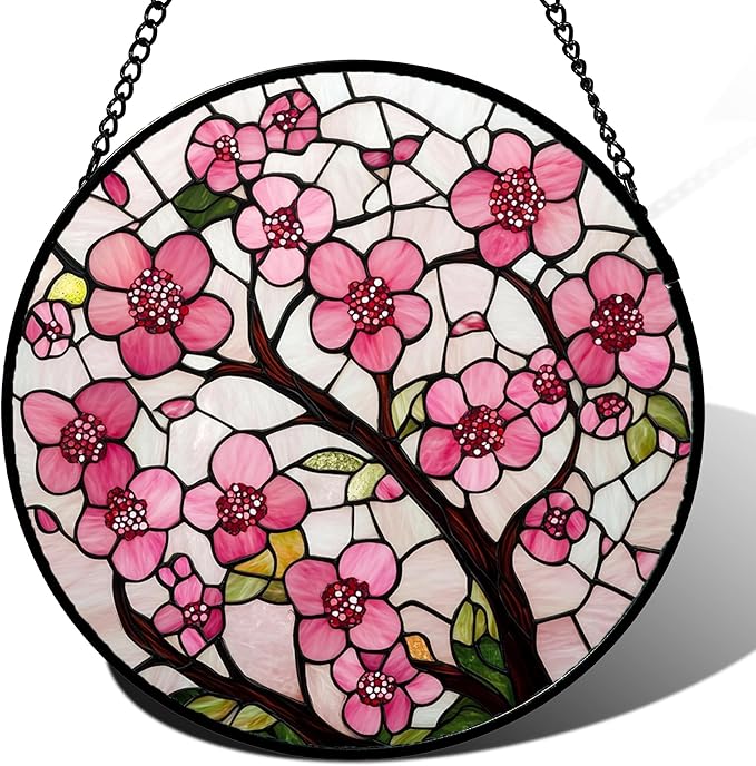 Stained Glass Window Hanging - Cherry Blossoms Birth Flower Suncatcher for Door Garden Patio Sun Catchers Decor Christmas Mother's Day Birthday Gifts for Women Mom Nana Friend Wife 9.8 in