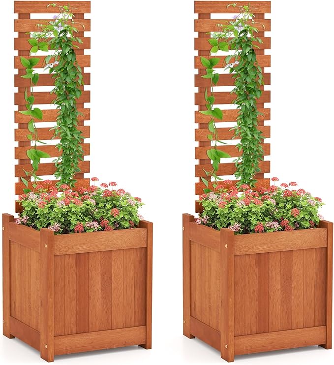 Giantex Set of 2 Wood Raised Garden Bed with Trellis, Outdoor Planter Box w/Open-Ended Base for Vines Flowers Vegetables, Herbs, Freestanding Plant Container Privacy Planters for Patio, Backyard
