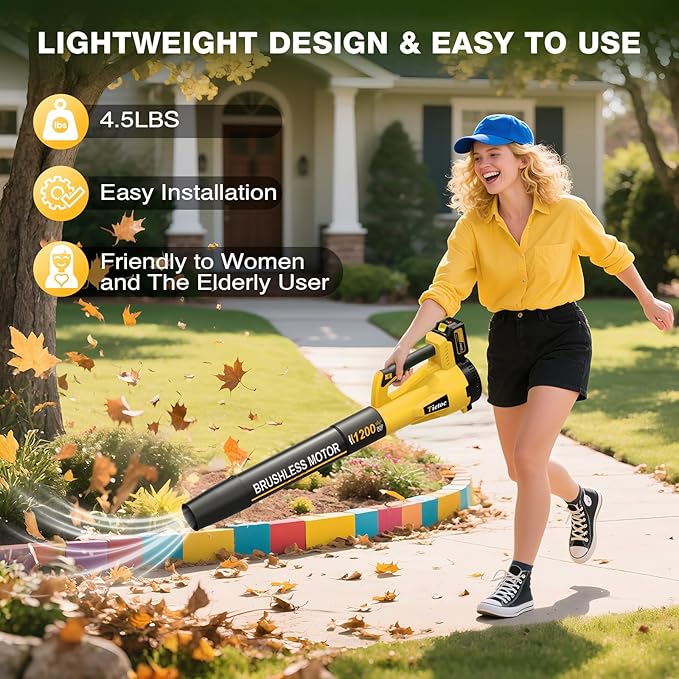 Leaf Blower Cordless with 2×5.0Ah Battery and Fast Charger,1200W Handheld Blower for Lawn Care,6 Speed Powerful Electric Leaf Blower for Snow Removal,Patio,Dust,Car Blowing Water
