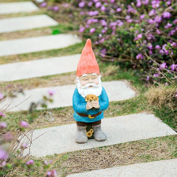 Gnome Figurine, Holding Sunflower Friendly Welcome The Master Home for Indoor Outdoor Patio Yard Lawn Decor, Polyresin 11.8" H