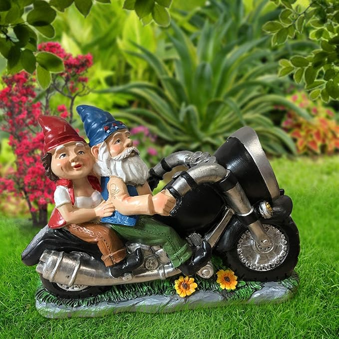 Cute Biker Gnome Couples Statue -Biker Garden Gnomes Outdoor Funny Figurine - Motorcycle Statues Garden Ornament Art - Travel Gnome Figurine for Patio