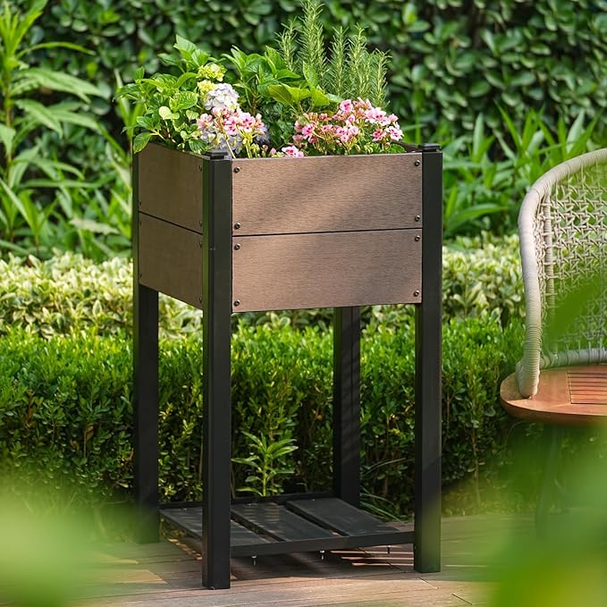 19" l x 33"h HDPE Elevated Garden Bed with Storage Shelf - Wood Grain Finish, All-Weather Standing Planter Box with Sturdy Black Aluminum Frame for Vegetables, Herbs on Patio, Balcony & Outdoors