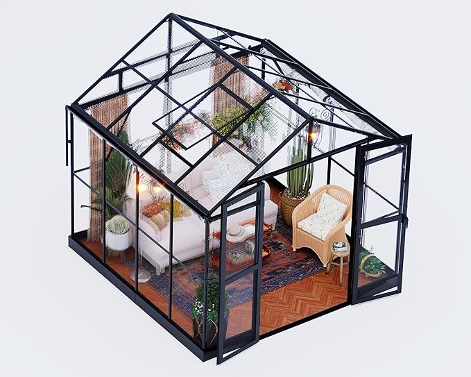 Jocisland 7.5x7.6x7.4 FT Outdoor Aluminum Polycarbonate Greenhouse with Ventilation and Rain Gutter, Double Swing Doors with Hook, Walk in Greenhouse for Outdoors, Backyard, Garden (Black)