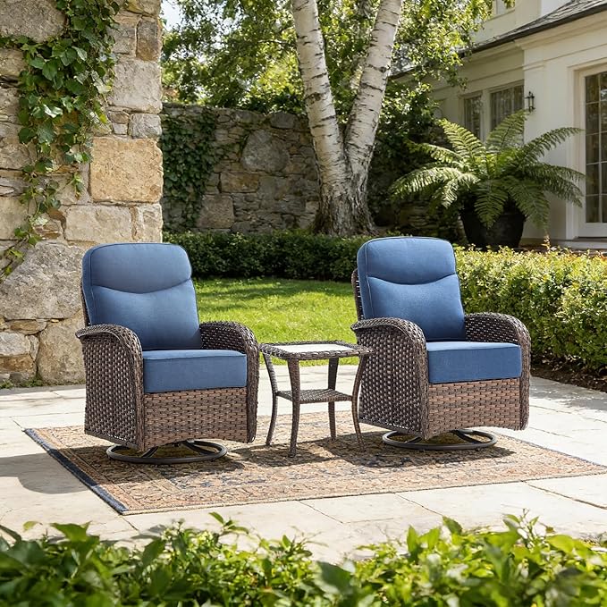 Luxury Outdoor Swivel Rocker Patio Chairs with 6-Inch Thick Cushions, High Back Swivel Glider Patio Chairs, 3PCS Wicker Outdoor Furniture Set for Porch, Patio, Yard, Deck, Poolside, Brown/Blue