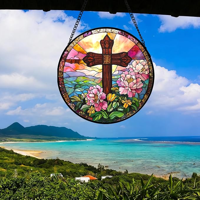 JOSUMALY Christian Gifts for Women - Cross Stained Glass Window Hanging Jesus Easter Pink Flower Peony Sun Catcher Garden Religion Decor Mother's Day Catholic Gift for Men Grandma Mom Her Nana 9.8"