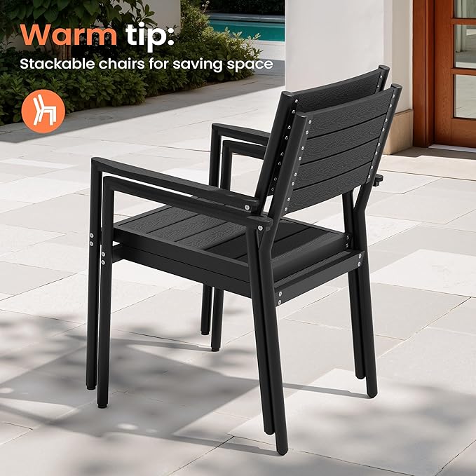 Pellebant Stackable Outdoor Dining Chairs Set of 4, Aluminum Patio Chairs with Arms, All-Weather for Garden, Lawn, Deck, Porch and Yard, Black