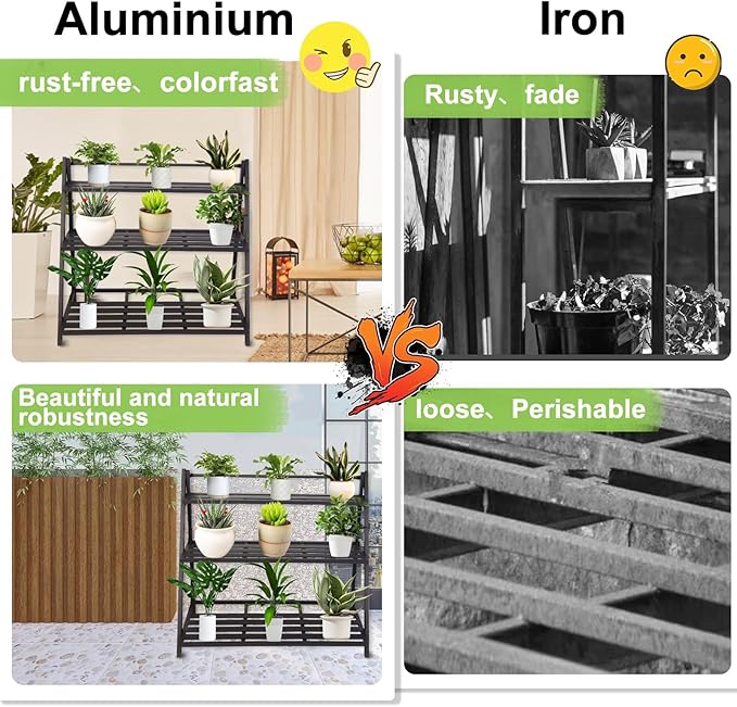 DHYGOTFUR 3-Tier Aluminum Plant Stand Outdoor, Heavy-Duty Metal Tiered Plant Stand, Tall Corner Plant Shelf for Patio, Waterproof Rust-Resistant Plant Rack for Indoor Outdoor Home Garden Decor, Black