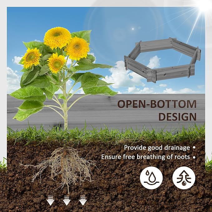 Outsunny Wooden Raised Garden Bed, Hexagon Screwless Outdoor Planter Box Plants, Vegetables, Flowers, Herbs, 39" x 36" x 6", Gray