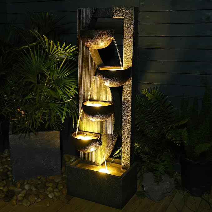 Garden Water Fountains Outdoor 5 Tiered Cascading Bowl Modern Waterfall Fountain with LED Lights, Natural Stones for Garden, Living Room, Patio, Yard Art Decor, 16.3" L * 10.8" W * 49.2" H