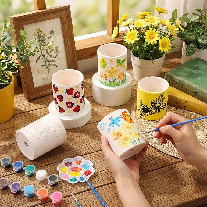 Zubebe 12 Pcs Spring Paint Your Own Insect Ceramic Pots Bulk Unfinished Succulent Pots Painting Kit with Drainage Hole Mini Paintable Plant Vase Ready to Paint Planter for Spring Garden DIY Craft