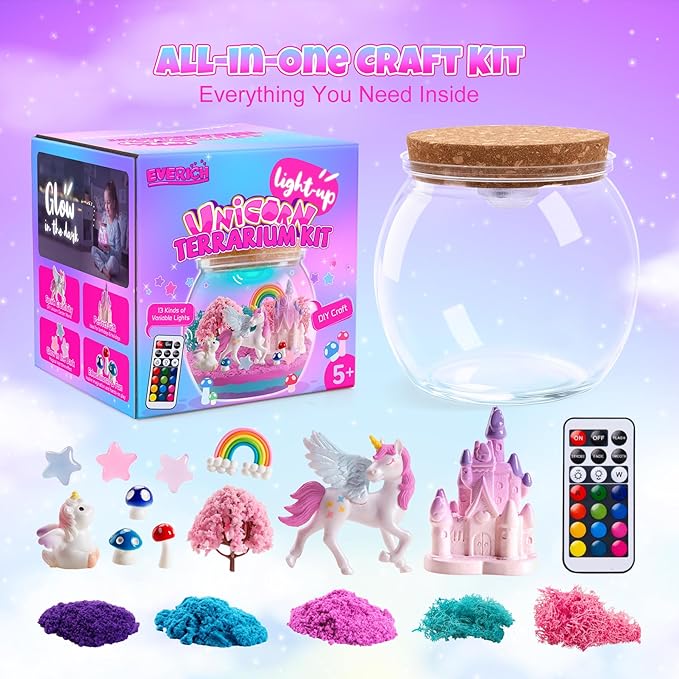 EVERICH TOY Unicorn Terrarium Kit for Girls, Light-Up DIY Craft Kit with LED Night Light, Arts & Crafts Gift for Girls Ages 4–12, Creative Unicorn Toys for Birthday Christmas Stocking Stuffers