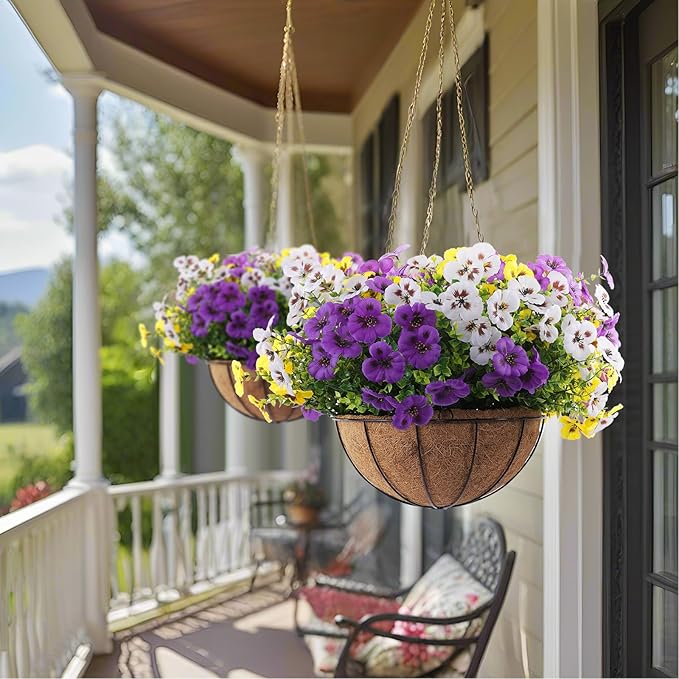 Rowfad 18 Pcs Artificial Fake Pansy Flowers for Outdoor, Faux Silk Pansies Spring Flowers for Outside for Planter Front Door Porch Yard Patio Window Box Home Decor (18, Purple, Yellow, White)