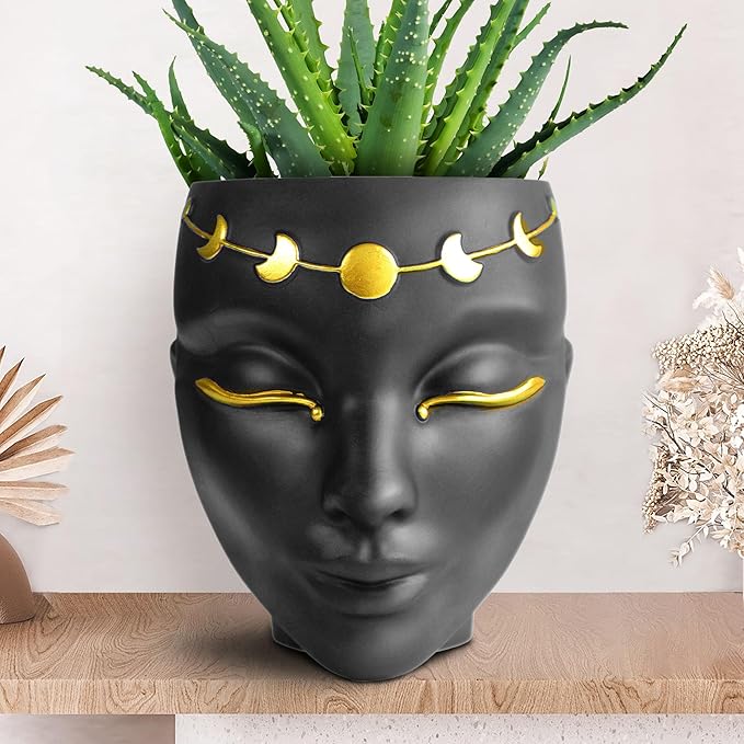 Head Planter - Indoor & Outdoor Home Decor Gifts for Plant Lovers - for Flat Surface or Wall Mount - Unique Face Planter for Flowers, Succulents, & More (7 inch, Luna Design, Black)
