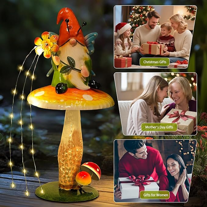 Solar Garden Gnome Figurine, Waterproof Outdoor Mushroom Decor with Solar Outdoor Lights for Yard, Patio, Lawn Ornaments, Ideal Gifts for Mom Grandma Women, Housewarming Gifts-16.5"