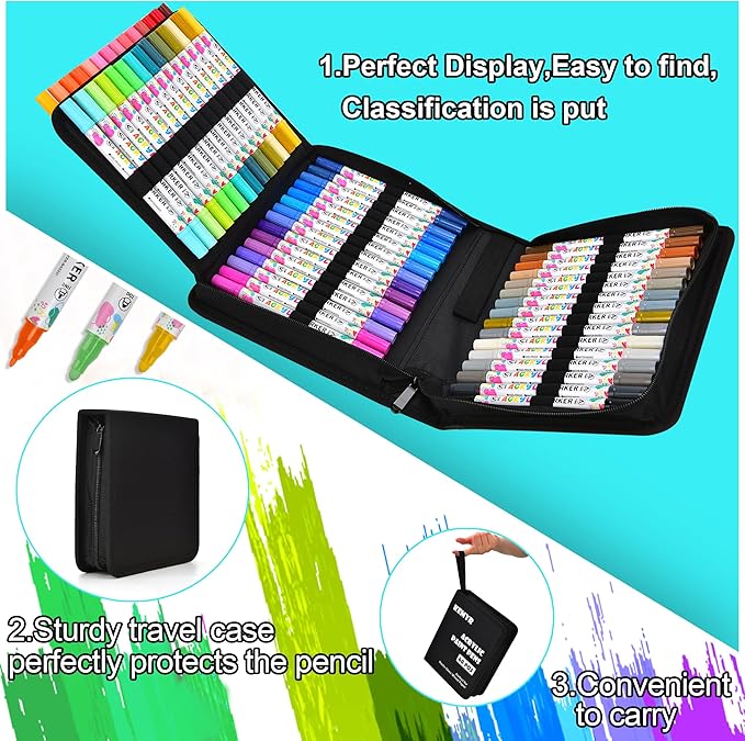 KEMYR 60 Colors Acrylic Paint Pens, Dual Tip Acrylic Paint Markers for Paper, Wood, Canvas, Stone, Rock Painting, Glass, Fabric, DIY, Ceramic, Art Supplies for Adults Drawing (Dot + Fine)