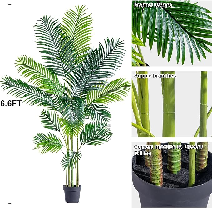 6.6FT Artificial Areca Palm Tree-Lifelike Palm Plant,Faux Tropical Areca Floor Plant Tall Faux Silk Large Artificial Plants for Indoor Home Living Room Corner Decor（No Planter）