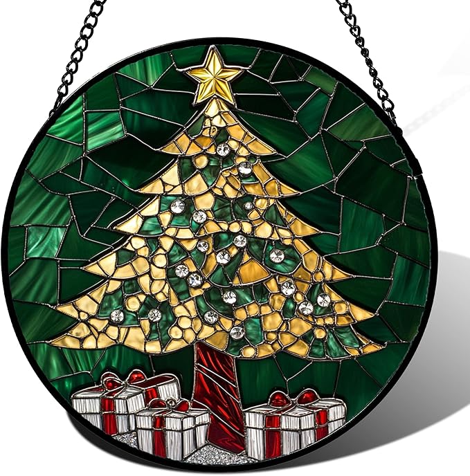 HWRHTR Stained Glass Window Hanging -Gold Green Christmas Tree Suncatcher for Doors Home Christmas Decoration Winter Sun Catcher Thanksgiving New Year Birthday Gifts for Women Men Mom Nana 15 in
