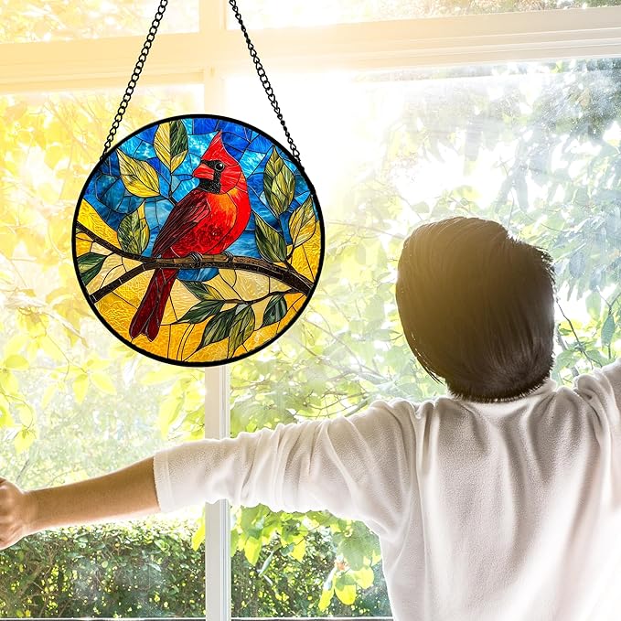 DASTOLL Stained Glass Window Hanging, Blue Sky Cardinal Sun Catchers Colorful Glass Panel Red Birds Suncatcher Decor for Birthday for Women, Men, Wife, Aunt, and Mom 11.8x11.8 in