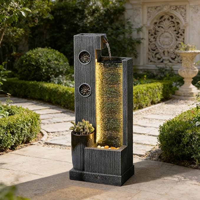 37’’ Tall Waterfall Fountain Indoor Modern Outdoor Water Fountains with LED Light,Vertical Striped Texture Floor Standing Water Feature for Patio, Yard, Garden or Home Decor