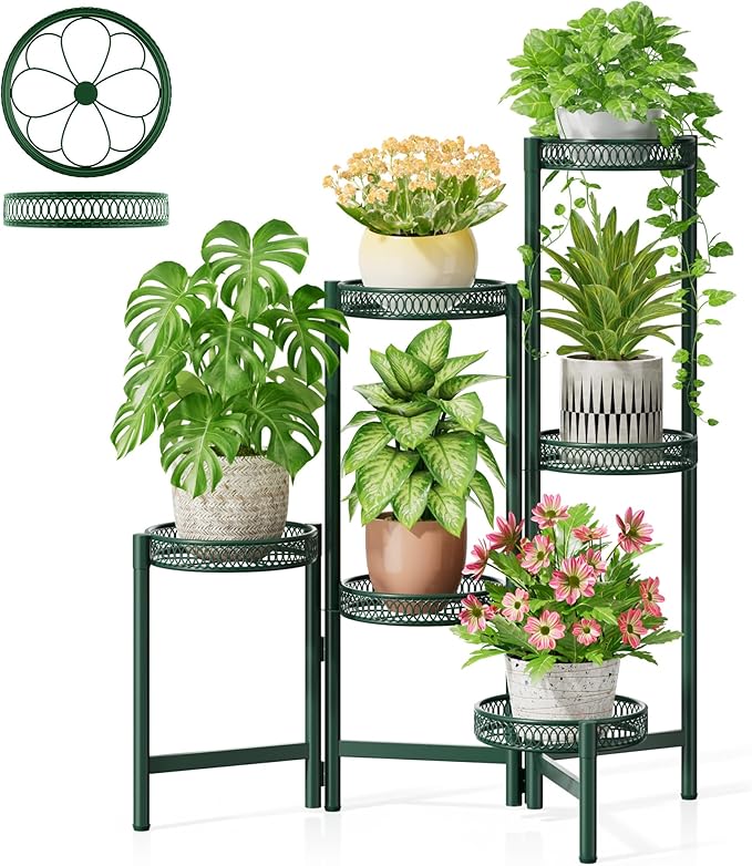 NQW Metal Plant Stands Indoor Outdoor, 6 Tier Plant Stand Corner Plant Shelf, Folding Tall Plant Rack, Heavy Duty Iron Flower Display Holder Stand for Living Room Patio Porch Balcony - GreenFlower