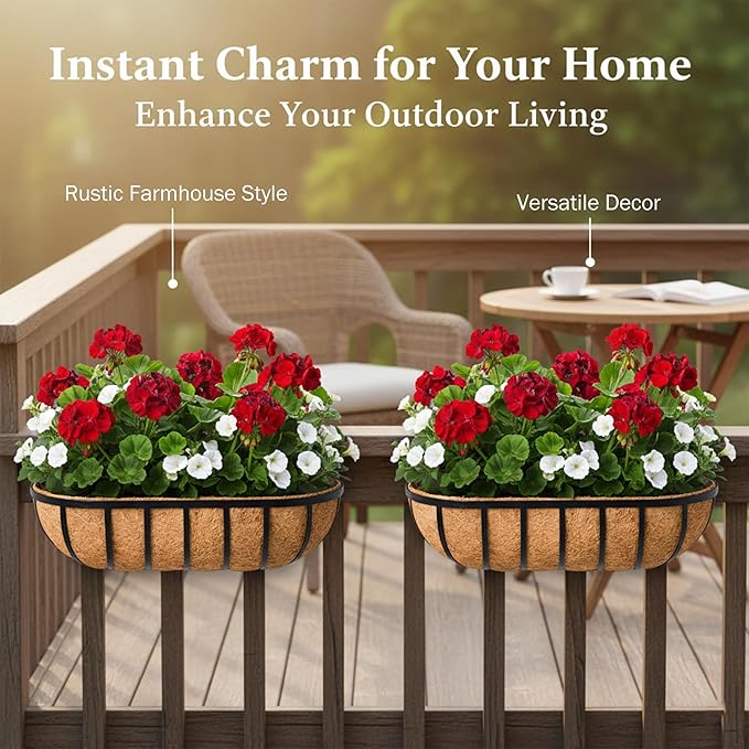 16“ Window Box Railing Planter with Coco Liner Metal Wall-Mounted Coconut Liner Basket English Horse Trough Planter for Outdoor Deck Balcony Porch Fence Patio Black (4 Pack)
