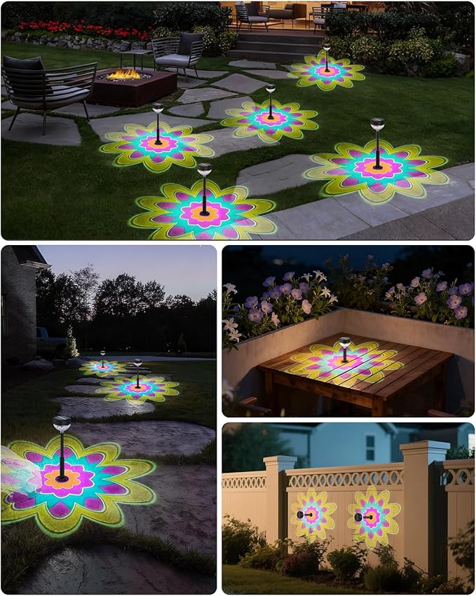 Solar Pathway Lights 8Pack, 1200mAh Solar Garden Lights 2 Themes (Flower & Christmas), Height-Adjustable, Waterproof LED Outdoor Projection Lights for Yard Lawn Backyard Walkway Landscape Decorative