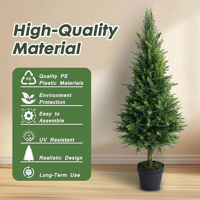 2 Packs of Fake Cypress Plants with Lights, 4FT Artificial Cedar Pruning Tree, with Flowerpot, UV Resistant Artificial shrubs, Suitable for Outdoor and Indoor Front Porch Gardens