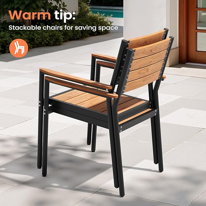 Pellebant Stackable Outdoor Dining Chairs Set of 6, Aluminum Patio Chairs with Arms, All-Weather for Garden, Lawn, Deck, Porch and Yard, Brown