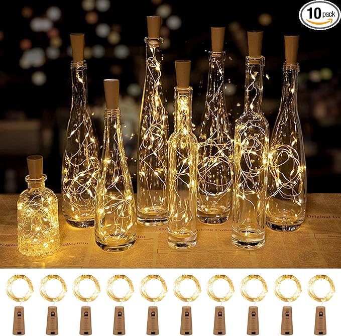 Brightown Wine Bottle Lights with Cork, 10 Pack 20 LED Waterproof Battery Operated Cork Lights, Silver Wire Mini Fairy Lights for Liquor Bottles DIY Party Bar Christmas Wedding Décor
