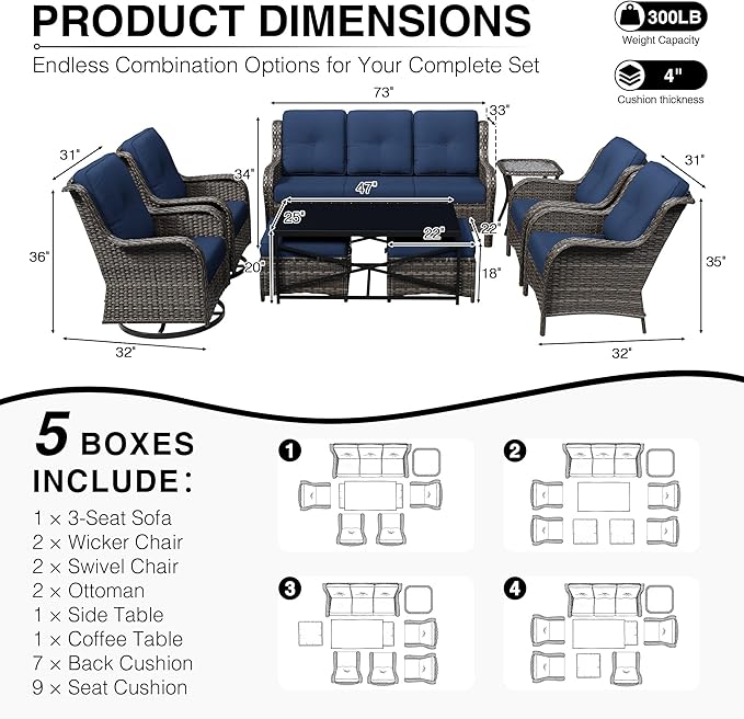 Joyside 9 Piece Wicker Patio Furniture Set, Outdoor Swivel Rocker Patio Chairs with High Back, Deep Seating, Wide Armrest, Thickened Cushions, Outdoor Furniture for Deck, Porch Use