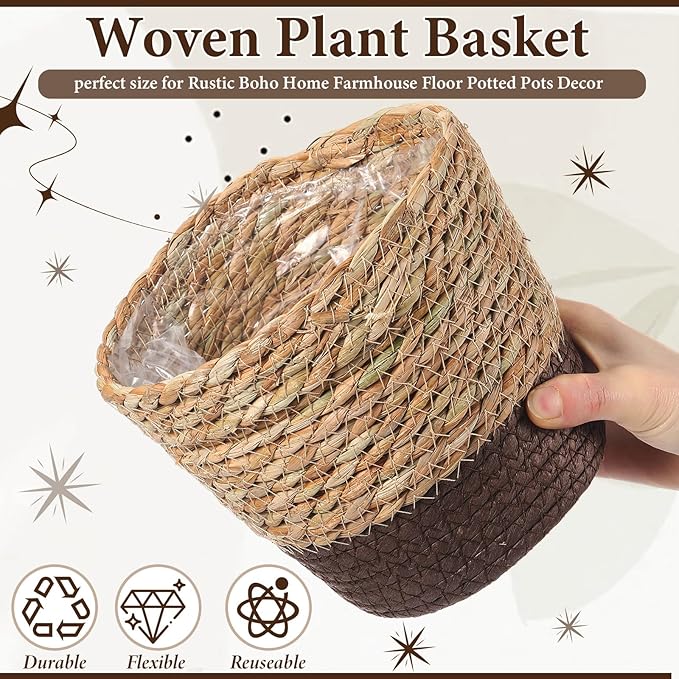12 Pcs Seagrass Plant Basket with Plastic Liners Woven Stylish Planter Baskets Bulk Indoor Outdoor Plants Woven Wicker Baskets for Flower Pots Cover and Room Decor Small (Small,Scandinavian)