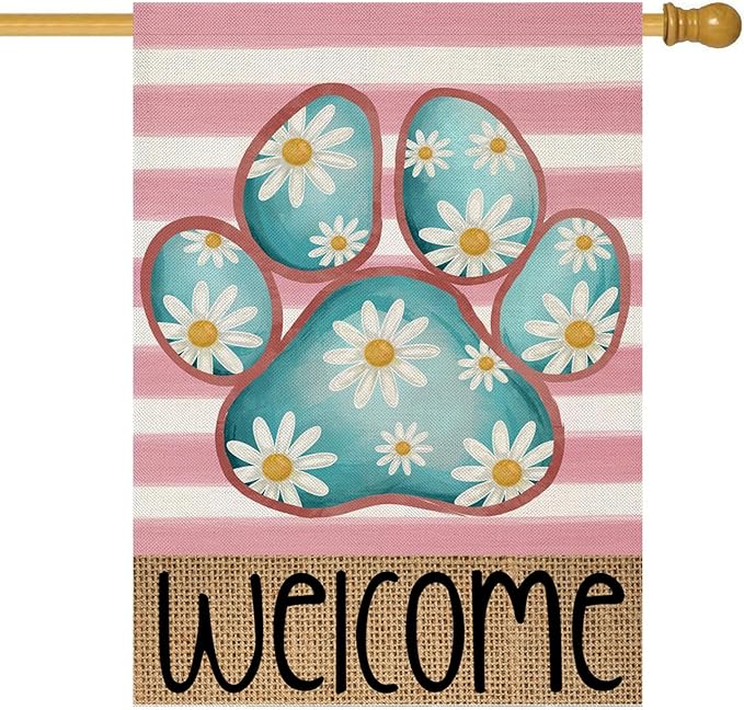 Welcome Spring House Flags for Outdoor Decoration, Dog Paw with Daisy Flowers Stripes Large Yard Flag, Decorative Summer Celebration Decor for Seasonal Farmhouse Holiday Outside 28x40 Inch